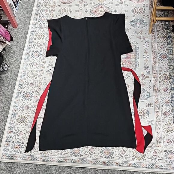 Vintage Black Dress Goth Witchcore Red Peekabo Black Sash Tie Flouce Sleeve - Picture 8 of 9